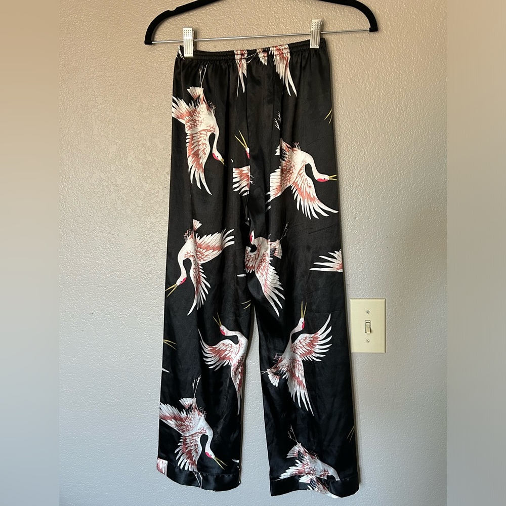 Silky Satin Black Cropped Lounge Pajama Pants Cranes Birds Japanese Graphic Sz M